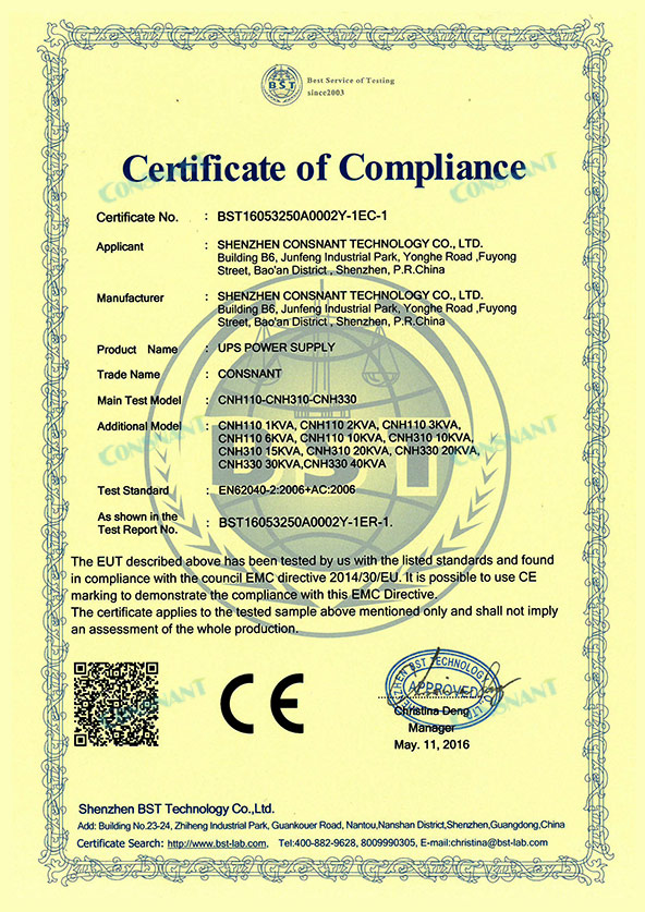 Certificat de conformité - UPS en ligne haute fréquence CE