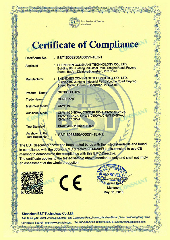 Certificat de conformité - Onduleur extérieur en ligne CE