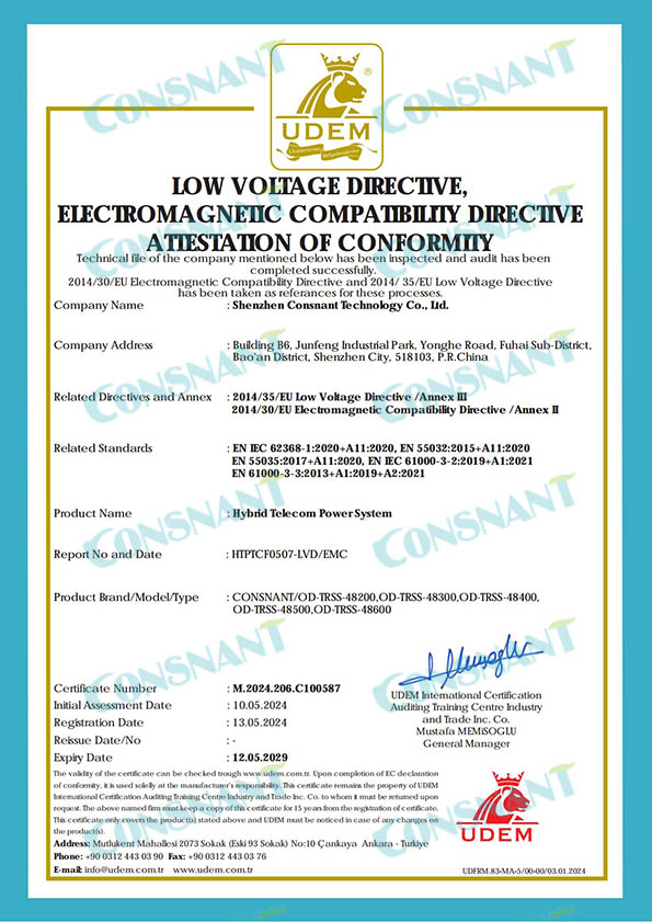 Système d'alimentation de télécommunications hybride - Certificat CE
